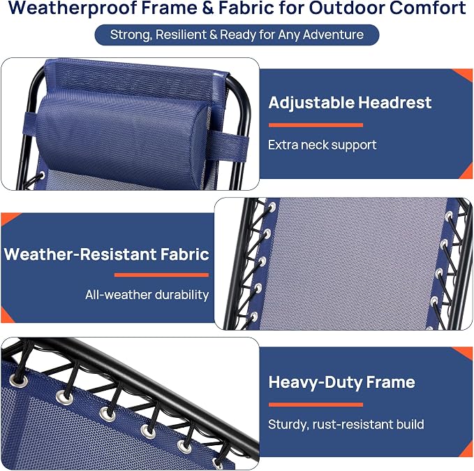 Alpen Folding Lounge Chair Outdoor Set of 2, Lawn Chairs Adjustable & Foldable with Side Table Headrest, Portable Blue Reclining Camping Chair for Outdoor Camping, Blue