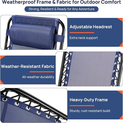 Alpen Folding Lounge Chair Outdoor Set of 2, Lawn Chairs Adjustable & Foldable with Side Table Headrest, Portable Blue Reclining Camping Chair for Outdoor Camping, Blue