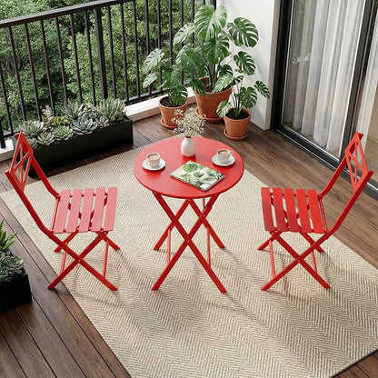 Outdoor Round Bistro Set 3 Piece, Red Iron Patio Furniture Set with Round Table & 2 Chairs, Foldable Steel Backyard Deck Porch Garden Furniture, Space Saving Outdoor Dining Set for Small Spaces