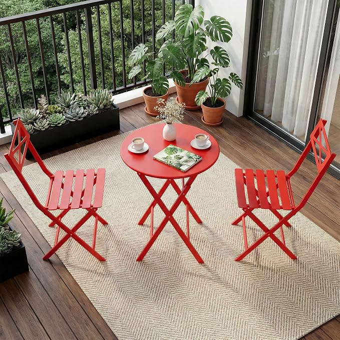 GarveeLife 3 Piece Patio Bistro Set, New Iron Outdoor Furniture Set, Metal Table and Chairs Set for Balcony, Garden or Porch, Red