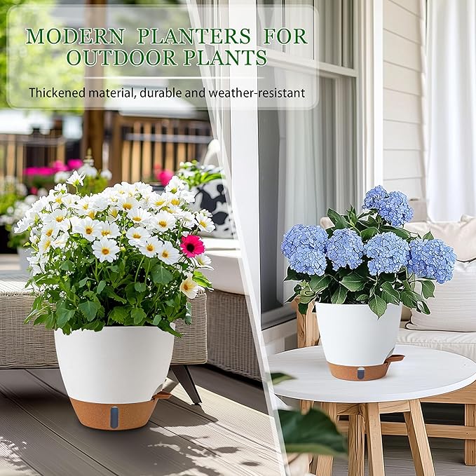 Self Watering Pots for Inoor Ourdoor Plants 10/9/8/7/6.5 Inch Plastic Planters with Drainage Holes & Water Level Indicator, Decorative House Flower Nursery Planting Pots with Saucers (White)