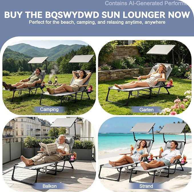 Beach Lounge Chairs with Armrests, 4-Position Folding Lounge Chairs for Outside, Sunbathing Portable Lounge Chaise, Tanning Chair Pillow & Cup Holder, for Outside Beach Pool (Grey.)