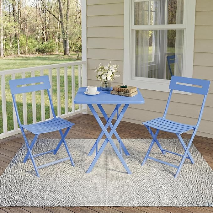 GarveeTech 3-Piece Folding Bistro Set, Heavy Duty Outdoor Patio Furniture with 2 Chairs & 1 Table, Weather-Resistant Steel Frame, No Assembly Required for Garden, Yard, Balcony,Blue