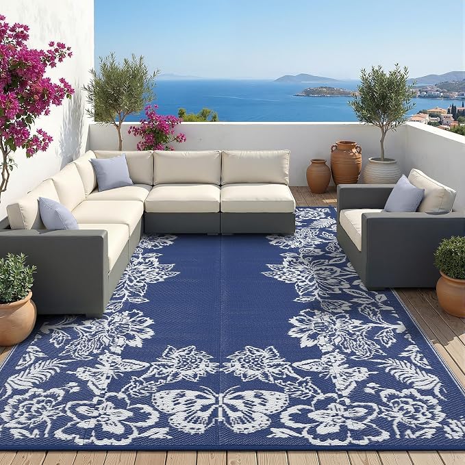 Garvee Outdoor Rugs 8’x10’ Waterproof Reversible Mats, Large Area Plastic Straw Rug, Outside Carpet, Butterfly Floral Rv Mat for Patio Camping Picnic Backyard Deck Balcony Porch Beach Trailer