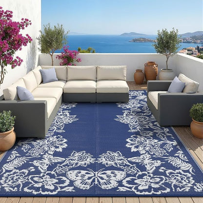 Garvee Outdoor Rugs 8’x10’ Waterproof Reversible Mats, Large Area Plastic Straw Rug, Outside Carpet, Butterfly Floral Rv Mat for Patio Camping Picnic Backyard Deck Balcony Porch Beach Trailer
