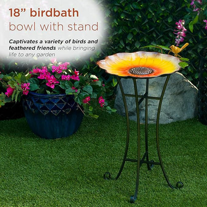 Alpine Corporation ORS882 Outdoor Metal Birdbath w/ Stylish Stand, Sunflower Birdbath Bowl and Stand Set, 29"H, Yellow/Green
