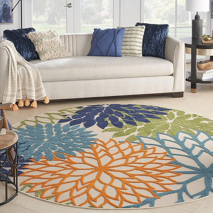 Nourison Home Aloha Indoor/Outdoor Multicolor 7'10'' x Round Area-Rug, Tropical, Botanical, Easy-Cleaning, Non Shedding, Bed Room, Living Room, Dining Room, Deck, Backyard, Patio (8 Round)