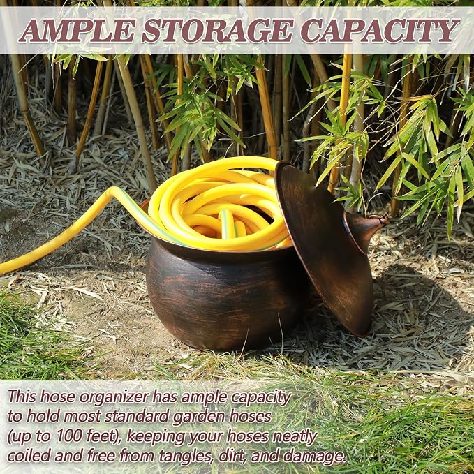 Metal Garden Hose Storage Pot, Vintage Copper Finish Hose Holder with Lid, Heavy-Duty Outdoor Water Hose Container for Patio/Yard/Lawn Decor