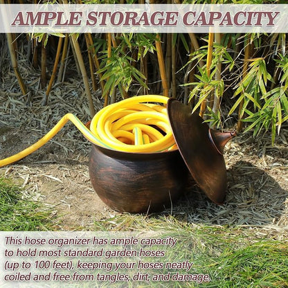 Metal Garden Hose Storage Pot, Vintage Copper Finish Hose Holder with Lid, Heavy-Duty Outdoor Water Hose Container for Patio/Yard/Lawn Decor