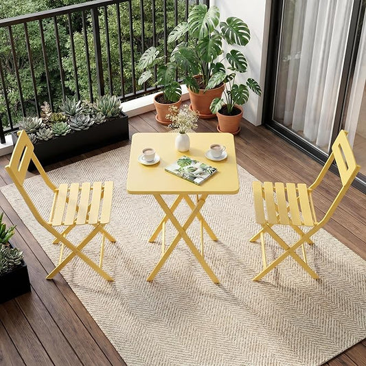 GarveeTech 3-Piece Folding Bistro Set, Heavy Duty Outdoor Patio Furniture with 2 Chairs & 1 Table, Weather-Resistant Steel Frame, No Assembly Required for Garden, Yard, Balcony,Yellow