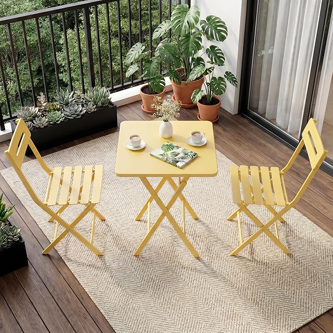 GarveeLife 3 Piece Outdoor Bistro Set, All Metal Patio Table and Chairs Set, Round Tube Iron Bistro Furniture Set for Balcony Porch Garden Cafe, Weather Resistant