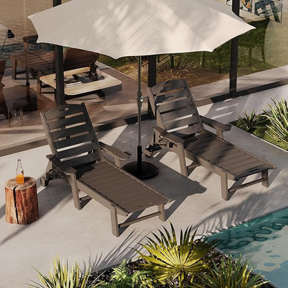 PeakPursuit Patio HDPE Chaise Lounge with Rolling Wheels, Oversize 5-Position Lounge Chair with Cup Holder, Resin Pool Lounger Chair for Outside