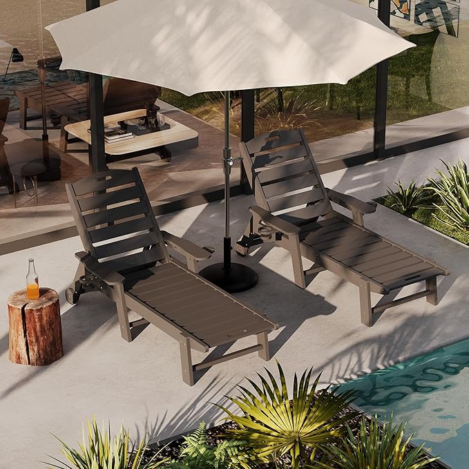 PeakPursuit HDPE Chaise Lounge Outdoor with Rolling Wheels, Oversize 5-Position Patio Lounge Chair with Cup Holder, Resin Pool Lounger Chair