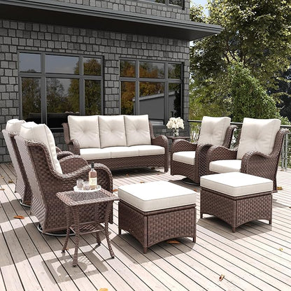 LayinSun 9 Pieces Outdoor Patio Furniture Set, Rattan Wicker Sectional Swivel Rocker Chairs Sets with Ottomans, Swivel Glider Chairs and Coffee Table