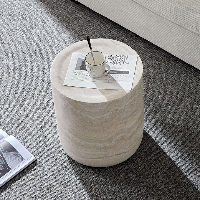 kevinplus Round Faux Stone Coffee Table Side End Table Set of 2 for Living Room, Modern Contemporary Circle Drum Style, Fiberglass Material, No Assembly (Mars Texture, 2-Pcs)