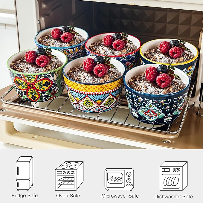 8 oz Ceramic Ramekins Set of 6, Bohemian Baking Bowls & Soufflé Cups | Oven Safe, Ideal for Soufflés, Crème Brûlée, Pot Pies, Mac & Cheese, Dips & Single-Serve Meals