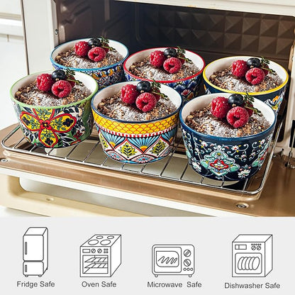 8 oz Ceramic Ramekins Set of 6, Bohemian Baking Bowls & Soufflé Cups | Oven Safe, Ideal for Soufflés, Crème Brûlée, Pot Pies, Mac & Cheese, Dips & Single-Serve Meals