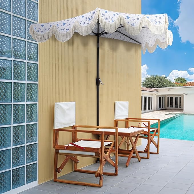 JONATHAN Y Half Umbrella UMB1201G Beverly 9 ft. Designer Classic Scalloped Fringe Market Patio with Crank, Push Button Tilt and UV Protection in Blue/White/Cream