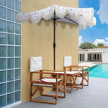 JONATHAN Y Half Umbrella UMB1201G Beverly 9 ft. Designer Classic Scalloped Fringe Market Patio with Crank, Push Button Tilt and UV Protection in Blue/White/Cream