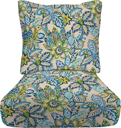 RSH DECOR: Deep Seating Cushion with Pillow Back | 23” x 26” Seat | All-Weather Spun Fabric | Water and Fade-Resistant | Outdoor Chair Cushion Set for Patio Furniture | Copeland Caribe Blue Floral