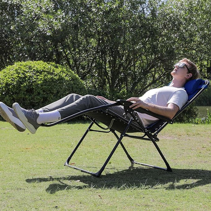 Oversized Padded Zero Gravity Lounge Chair, Foldable Patio Anti Gravity Reclining Chairs Folding Lawn Recliner with Cup Holder for Yard, Camping, Outdoor, Support 350 LBS, Blue