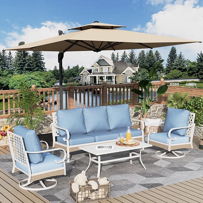 4 Piece Patio Furniture Set, 2 x Swivel Chair, 1 x 3-Seat Sofa with Marbling Coffee Table, All Cushioned 5 Seats Outdoor Conversation Set for Lawn Garden Backyard, Blue