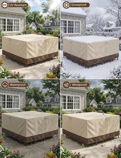Patio Furniture Covers Waterproof Rectangular, Outdoor Furniture Covers Waterproof Windproof with Padded Handles, Heavy Duty 600D Oxford Outdoor Table Chair Set Cover
