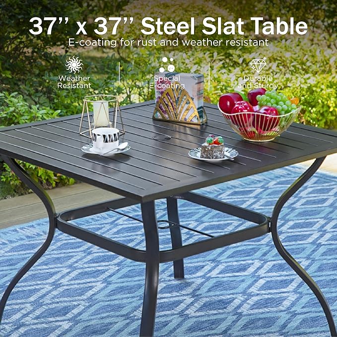 PHI VILLA 5 Piece Outdoor Dining Table Set for 4, 37” Square Metal Dining Table with Umbrella Hole & Stackable Steel Chairs for Patio, Deck, Yard