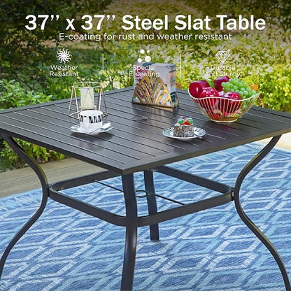 PHI VILLA 5 Piece Patio Dining Table Set for 4, 37" Square Outdoor Metal Table with Umbrella Hole & 4 Rattan Wicker Chair with Cushion for Deck, Yard, Porch