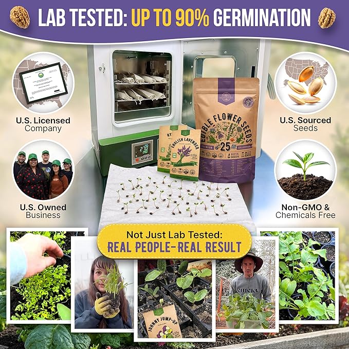 Organo Republic 25 Edible Flower Seeds Variety Pack for Indoor Outdoor Gardening - 8,000+ Non-GMO Heirloom Flower Seeds - 2026 Season: Anise, Hyssop, Nasturtium, Pansy, Echinacea, Lavender, Chives