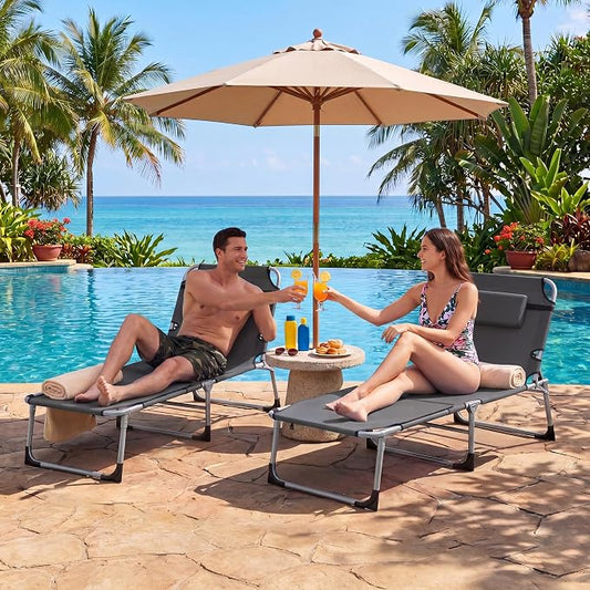 Giantex Set of 2 Tanning Chair, 5-Position Adjustable Beach Chair with Face & Arm Hole, Hand/Shoulder Strap, Removable Pillow, Side Pocket, Load 330 Lbs, Sunbathing Chairs, Lounge Chairs Outdoor, Grey