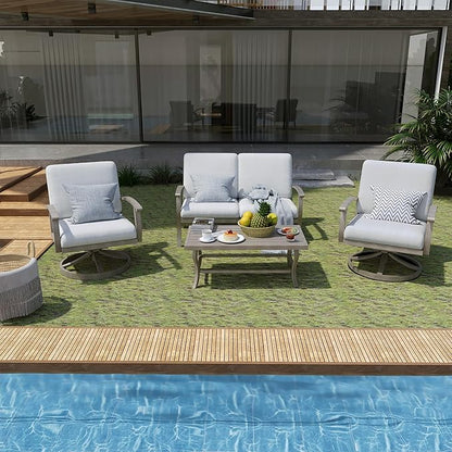 HAPPATIO 4 Piece Aluminum Patio Furniture Set, 4-Person Outdoor Swivel Chairs and Loveseat, All-Weather Outdoor Sectional Sofa with Comfortable Cushions and Coffee Table(Gray)