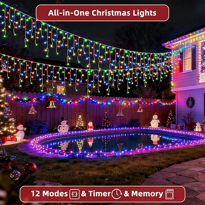 504 LED Christmas Lights Outdoor 50FT with 112 Drops, Christmas Decorations Hanging Lights 12 Modes, Dimmable Outsite Fairy String Lights for Wedding Party Holiday Winter Wonderland Decor Multicolor