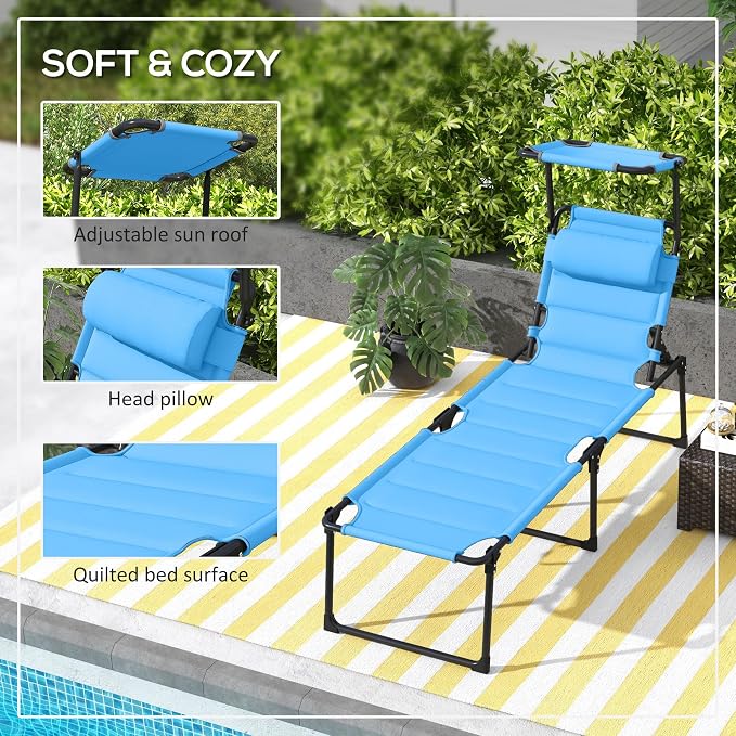 Outsunny 2 Pieces Outdoor Lounge Chair, Adjustable Backrest Folding Chaise Lounge, Cushioned Tanning Chair with Sunshade Roof & Pillow Headrest for Beach, Camping, Hiking, Light Blue