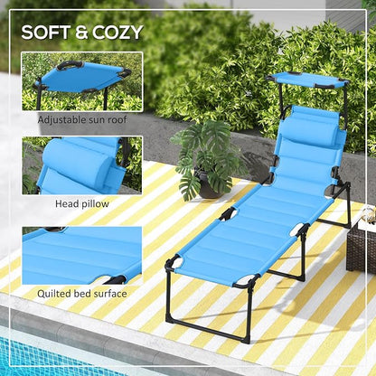 Outsunny 2 Pieces Outdoor Lounge Chair, Adjustable Backrest Folding Chaise Lounge, Cushioned Tanning Chair with Sunshade Roof & Pillow Headrest for Beach, Camping, Hiking, Light Blue