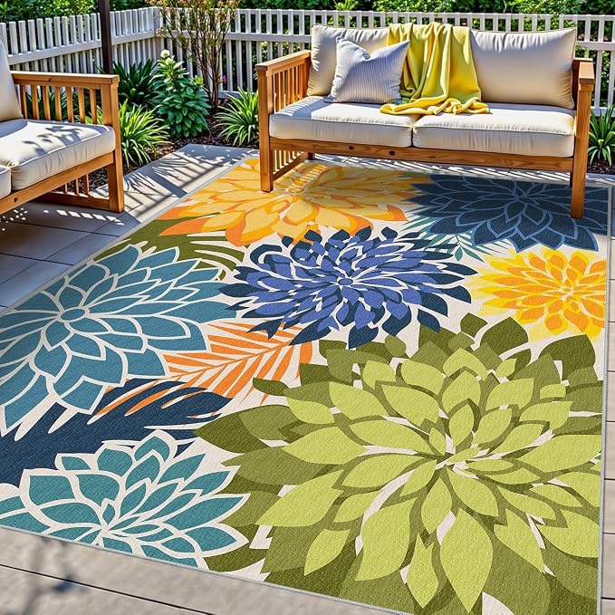 4x6 Washable Rug for Living Room Tropical Botanical Modern Floral Chenille Area Rugs Low Pile Non Slip Carpet for Patio, Bedroom, Laundry, Green