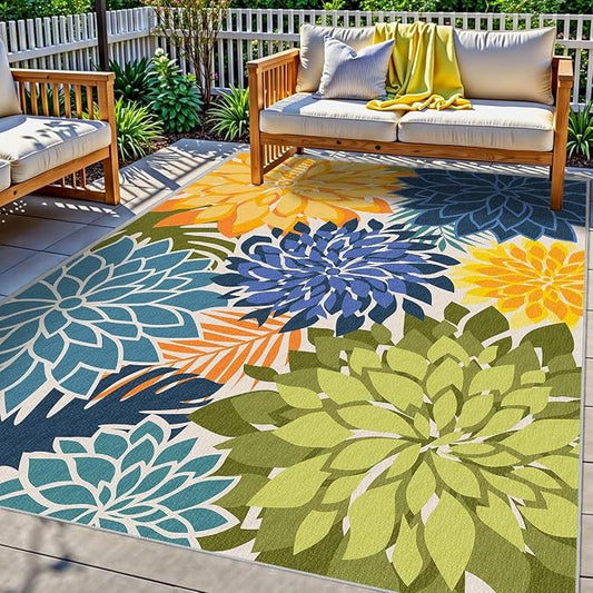 4x6 Washable Rug for Living Room Tropical Botanical Modern Floral Chenille Area Rugs Low Pile Non Slip Carpet for Patio, Bedroom, Laundry, Green