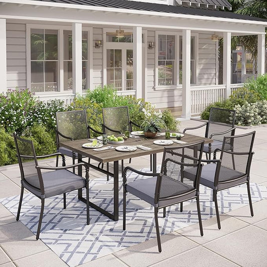 7 Pieces Outdoor Patio Dining Set for 6,Outdoor Metal Dining Set, 6 Metal Chairs with Thickened Cushions, 64" Rectangle Table for Garden Backyard