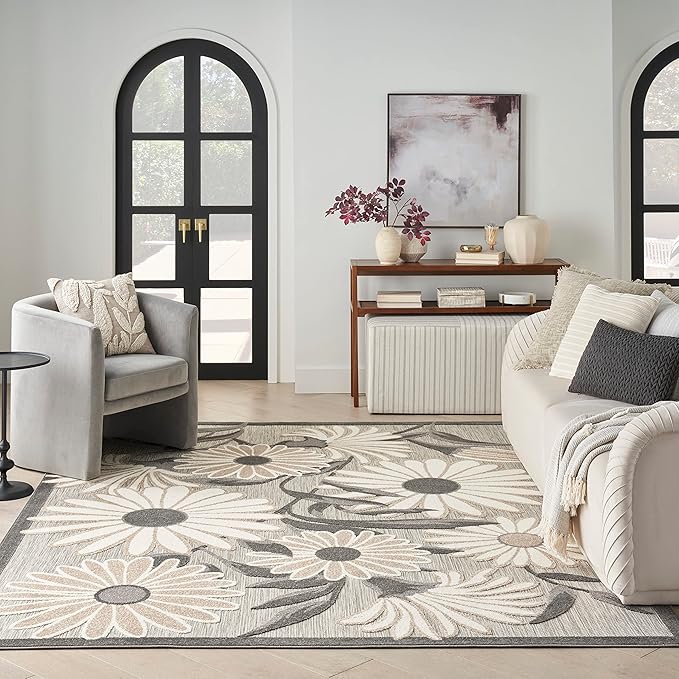 Nourison Home Aloha Indoor-Outdoor Beige 5'3" x 7'5" Area Rug, Easy Cleaning, Non Shedding, Bed Room, Living Room, Dining Room, Kitchen (5x7)