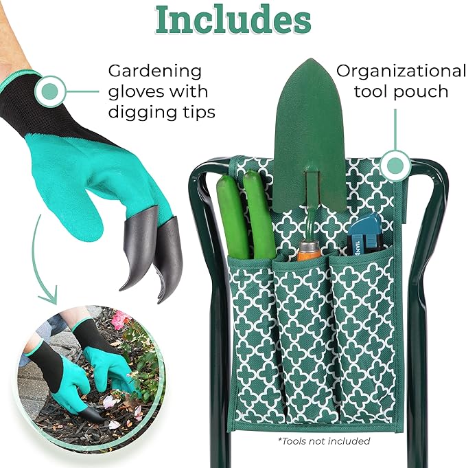 Garden Kneeler And Seat - Protects Your Knees, Clothes From Dirt & Grass Stains - Foldable Stool For Ease Of Storage - EVA Foam Pad - Sturdy and Lightweight - Bench Comes With A Free Tool Pouch!
