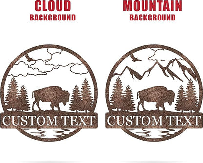 Custom Outdoor Bison Circle Monogram Sign | Lone Bison Decor | Bison Camp Sign | Buffalo Decor | Bison Name Metal Sign | Gift for Him