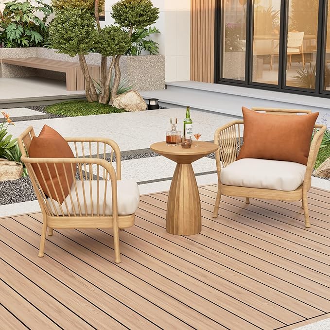 Metal Small Patio Table, Round Outdoor Side Table, Wood Color Outdoor Accent End Table, Patio Furniture, for Garden, Pool, Yard, Balcony, Living Room, Deck, Weather Resistant, No Assembly