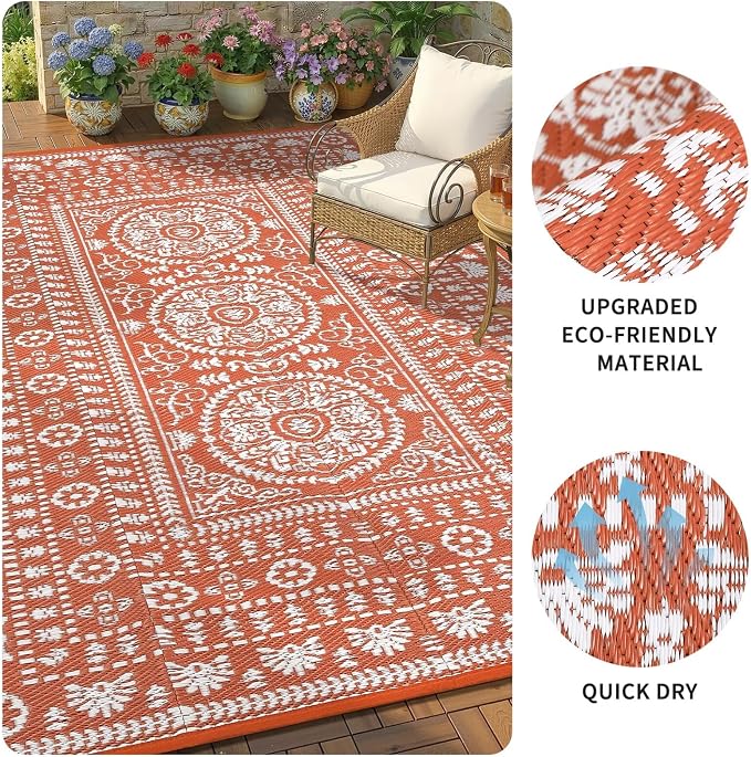 Garvee Reversible Outdoor Rug 6x9 for Patio, Waterproof Outdoor Area Rug, Modern Medallion Indoor Outdoor Rugs, Plastic Straw Rug for RV, Camping, Deck, Vintage Terracotta