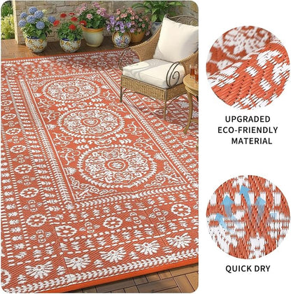 Garvee Reversible Outdoor Rug 6x9 for Patio, Waterproof Outdoor Area Rug, Modern Medallion Indoor Outdoor Rugs, Plastic Straw Rug for RV, Camping, Deck, Vintage Terracotta