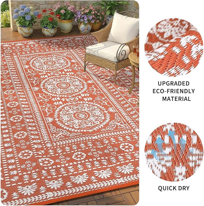 Garvee Reversible Outdoor Rug 5x8 for Patio, Waterproof Outdoor Area Rug, Boho Medallion Indoor Outdoor Carpet for Porch, Plastic Straw Rug for RV, Camping, Deck, Vintage Terracotta