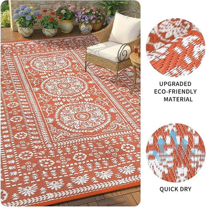 Garvee Reversible Outdoor Rug 5x8 for Patio, Waterproof Outdoor Area Rug, Boho Medallion Indoor Outdoor Carpet for Porch, Plastic Straw Rug for RV, Camping, Deck, Vintage Terracotta