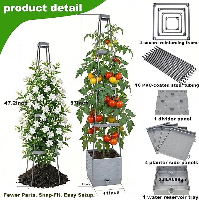Tomato Planter with Trellis 57" - Self Watering Raised Garden Bed for Climbing Plants, Wind-Resistant Solid Base Box with Cage, Vertical Gardening Pot for Indoor Outdoor Patio Balcony, Grey