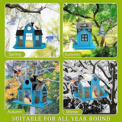 Solar Bird Feeders House for Outside Hanging, Metal Wild Bird Feeder for Outdoors Large Capacity Cardinal Birdfeeder Birdhouses Metal Bird Feeding Station Blue
