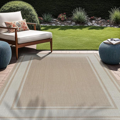Beverly Rug Outdoor Rug 8x10 Modern Bordered Area Rugs for Indoor and Outdoor Patio Deck Porch Garden Waterproof Weather Sun Resistant Washable Outside Carpet (8 x 10 Beige)