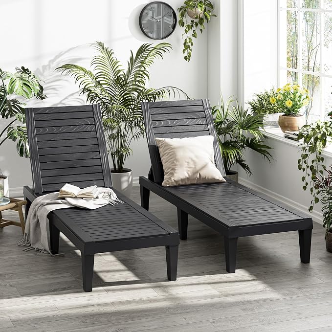 Outdoor Lounge Chairs Set of 2, 5-Position Adjustable Tanning Chairs with Wood Grain, All-Weather Resin Patio Recliners for Pool, Garden, Deck, Beach, Patio Lounge Chairs, Texture Black